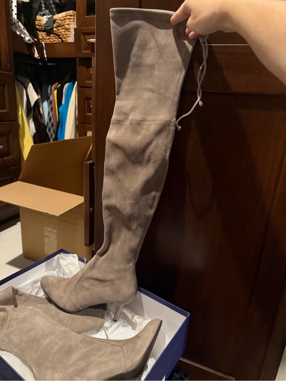 Stuart Weitzman Suede Over The Knee Boots Taupe Greige
